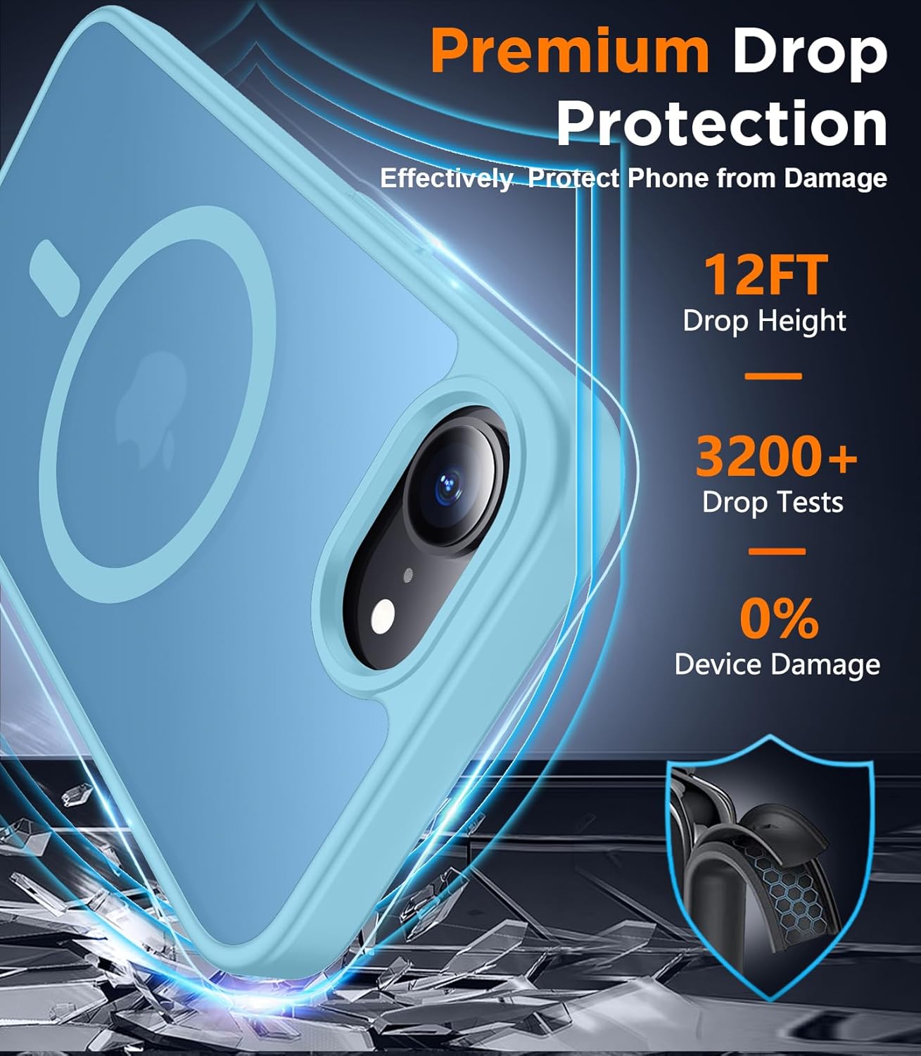 Detalle de SPIDERCASE for iPhone 16e/17e Case with Magnetic Translucent Matte Finish (Light Blue) — 2 tempered glass protectors