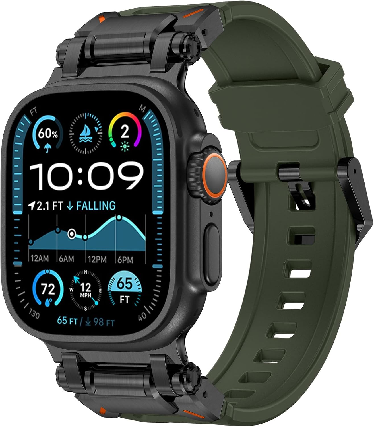 Detalle de Fullife liquid silicone sports strap with stainless steel connector (green/black) for Apple Watch 42–49mm