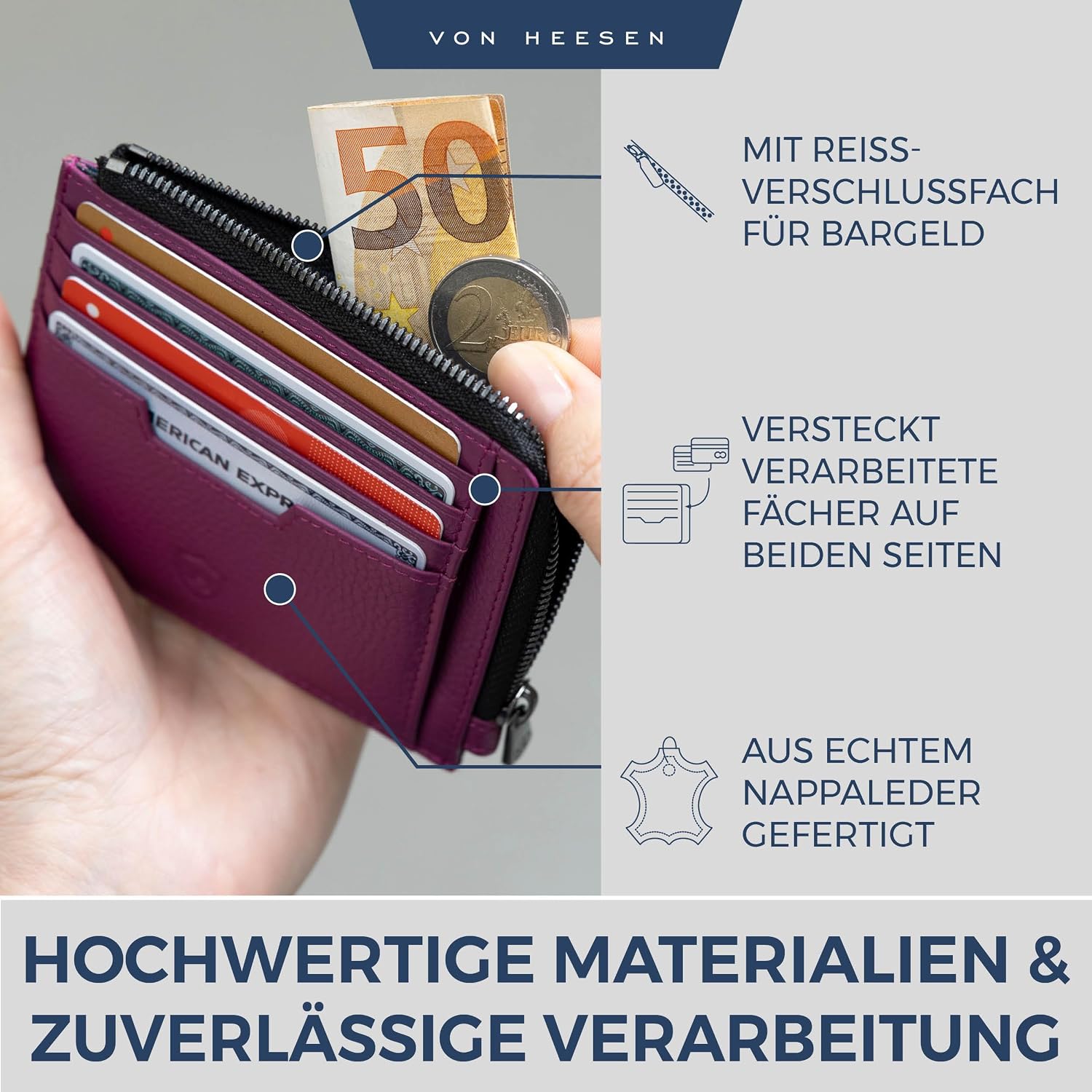 Detalle de VON HEESEN Leder Kartenetui Geldbörse für Herren & Damen (Medium, Pink)