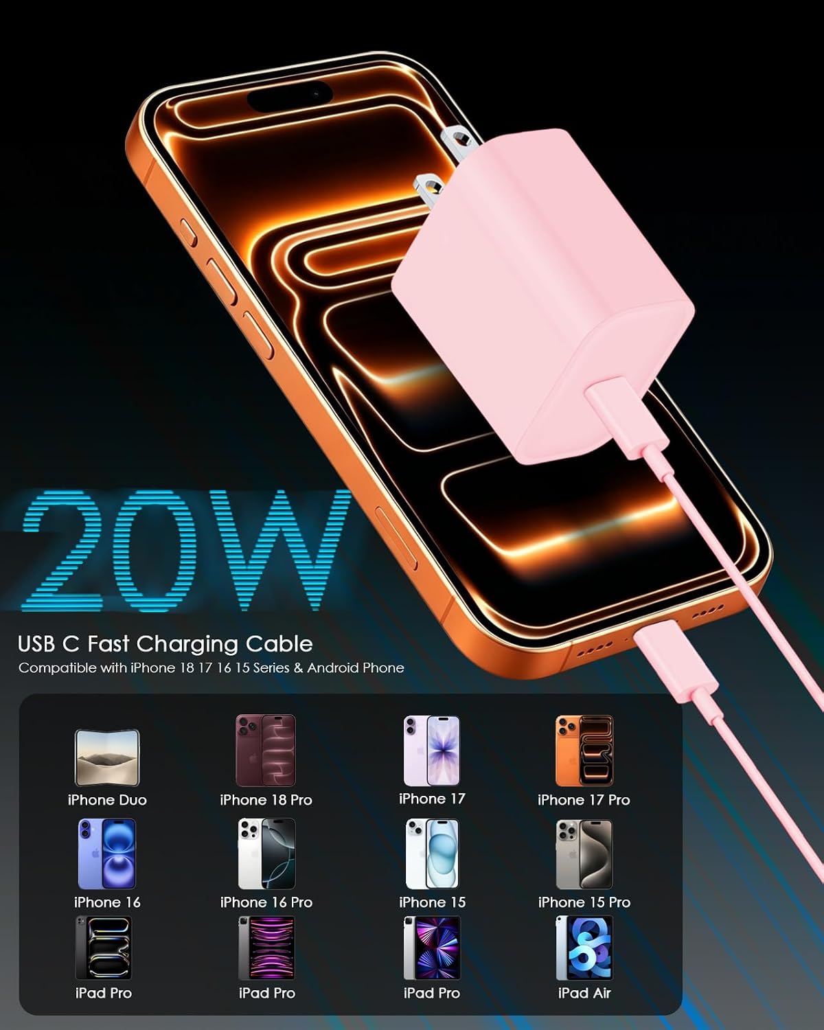 Detalle de AISNI CA-43T USB-C Charger 3-Pack, 20W Adapters, 6 ft Cables, Light Pink