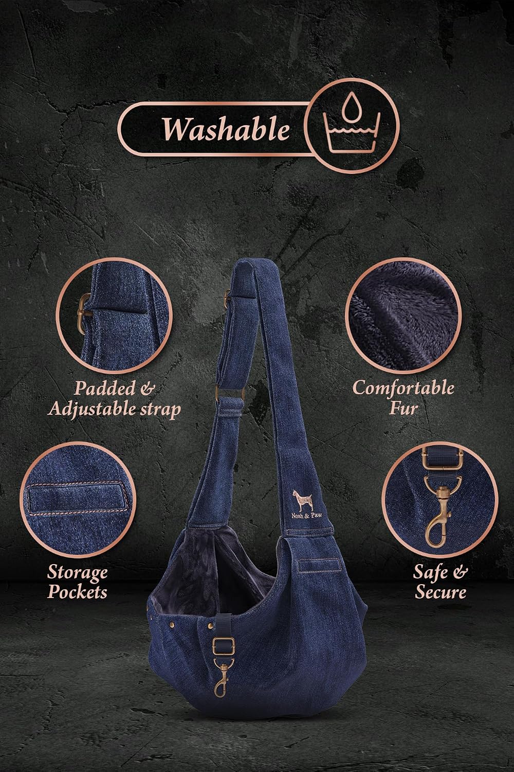 Detalle de Noah & Paw Dog Sling Carrier (3–10lb) in Premium Denim – Adjustable Padded Strap, Lined & Machine Washable