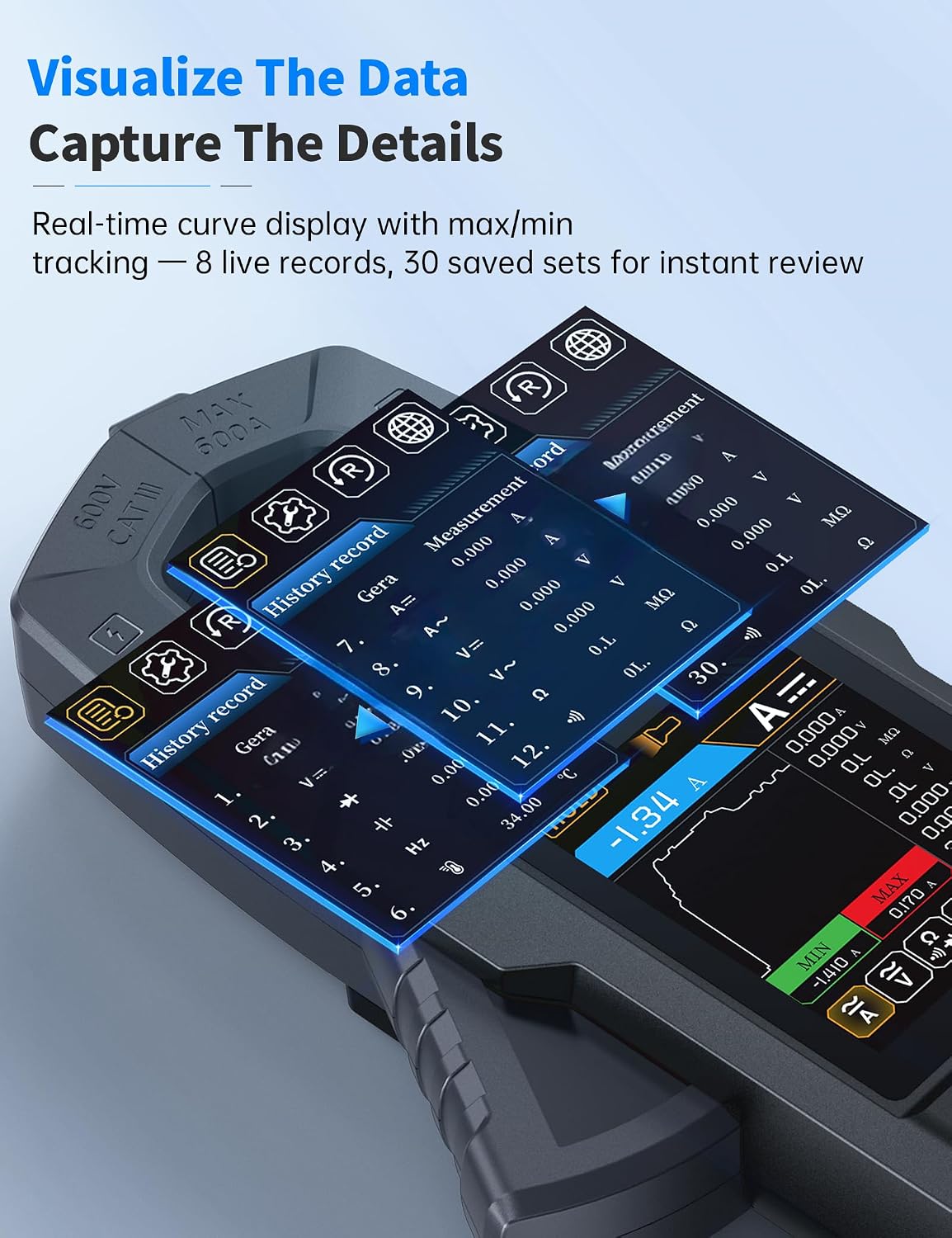 Detalle de FNIRSI FNIRSI-DMC-100 TRMS Clamp Meter with Graph Recording and 2-Inch TFT