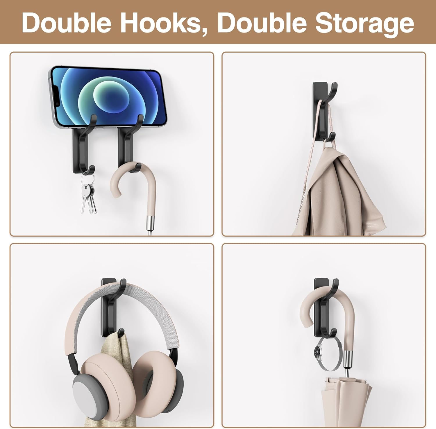 Detalle de Pickpiff Self Adhesive Hooks for Hanging: Heavy Duty 6kg – Stainless Steel, Black, 4 Pack