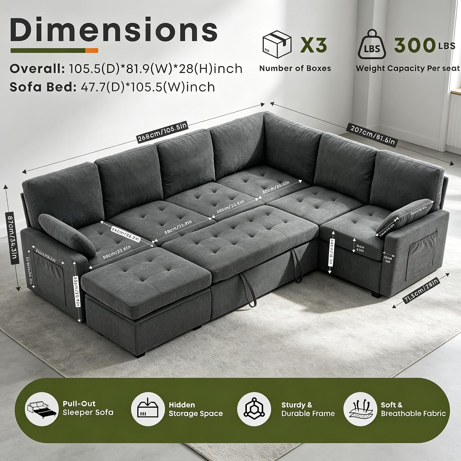 Thumbnail 2 de Huatean Home 200 7-Seat Pull-Out Sectional Sofa with Storage, Flat Gray