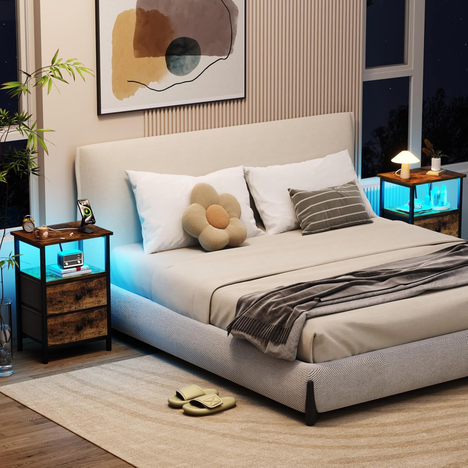Detalle de AMHANCIBLE Night Stand Set of 2 with LED Lighting & Charging Station (UHETS02PBR)