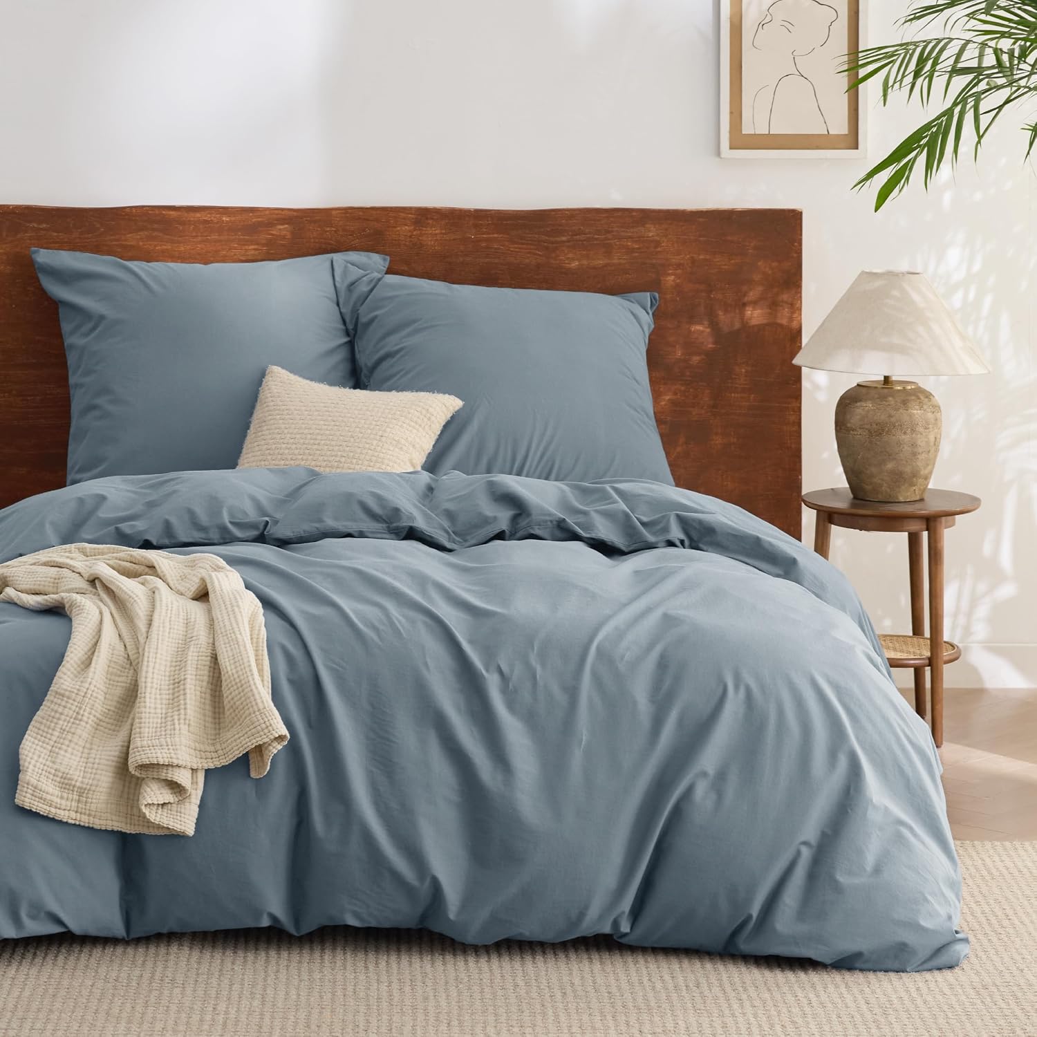 Detalle de BEDSURE Bettwäsche 155x220 cm aus Baumwolle, 3-teilig – Sommer-Set in Graublau, Wasch-Leinen-Textur, 100% gekämmte Baumwolle, mit Reißverschluss