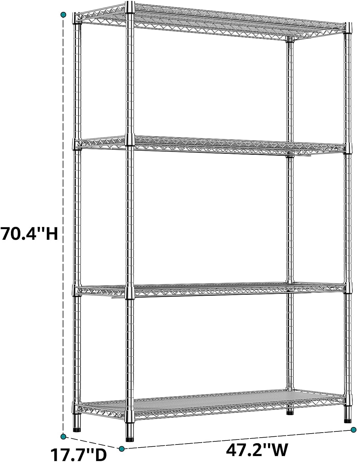 Detalle de IZEUK A45150180BHI401B-HX 4-Tier Adjustable Chrome Metal Shelving Rack