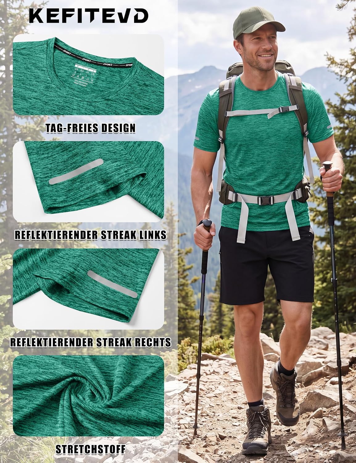 Detalle de KEFITEVD Herren Funktionsshirt mit Rundhals – schnelltrocknend, atmungsaktiv & reflektierende Streifen