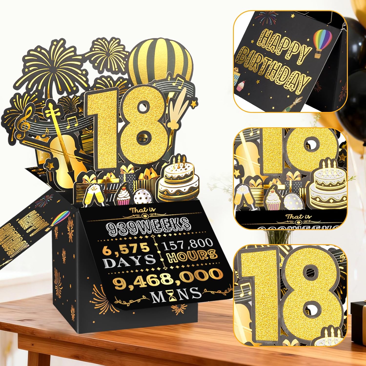 Thumbnail 3 de 18th Birthday Pop Up Card in Black & Gold – 3D Greeting for Him or Her