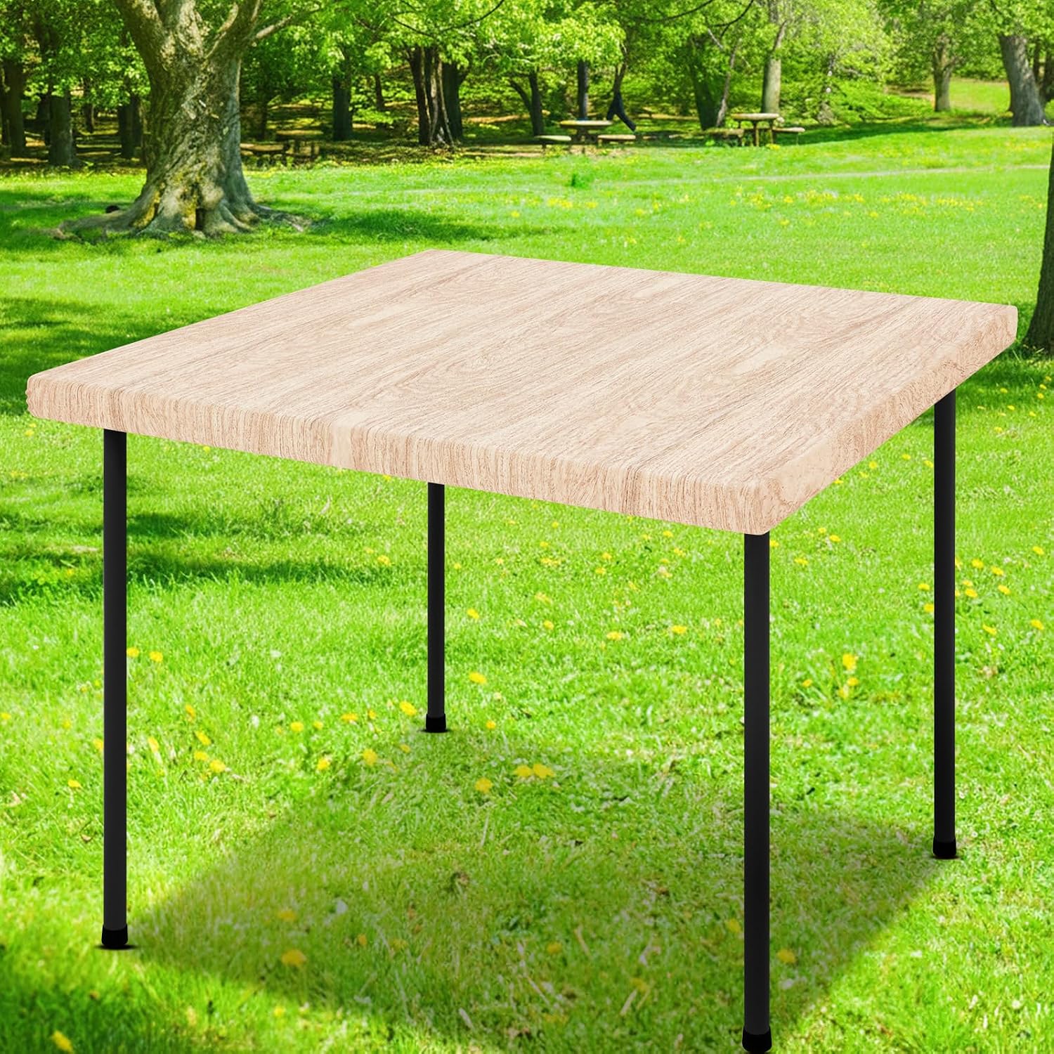 Detalle de Smiry Square Table Cloth Cover: Waterproof Elastic Fitted 36" x 36" (Beige Wood)