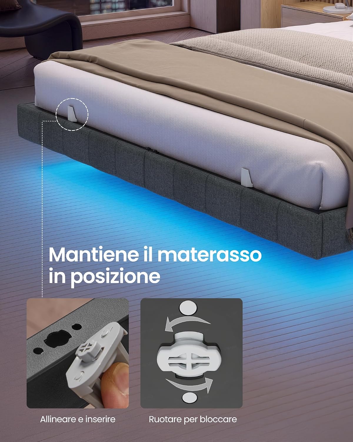 Thumbnail 6 de VASAGLE Struttura Letto Effetto Fluttuante 160x200 cm con LED, prese e USB – Grigio Ardesia RMB165G101