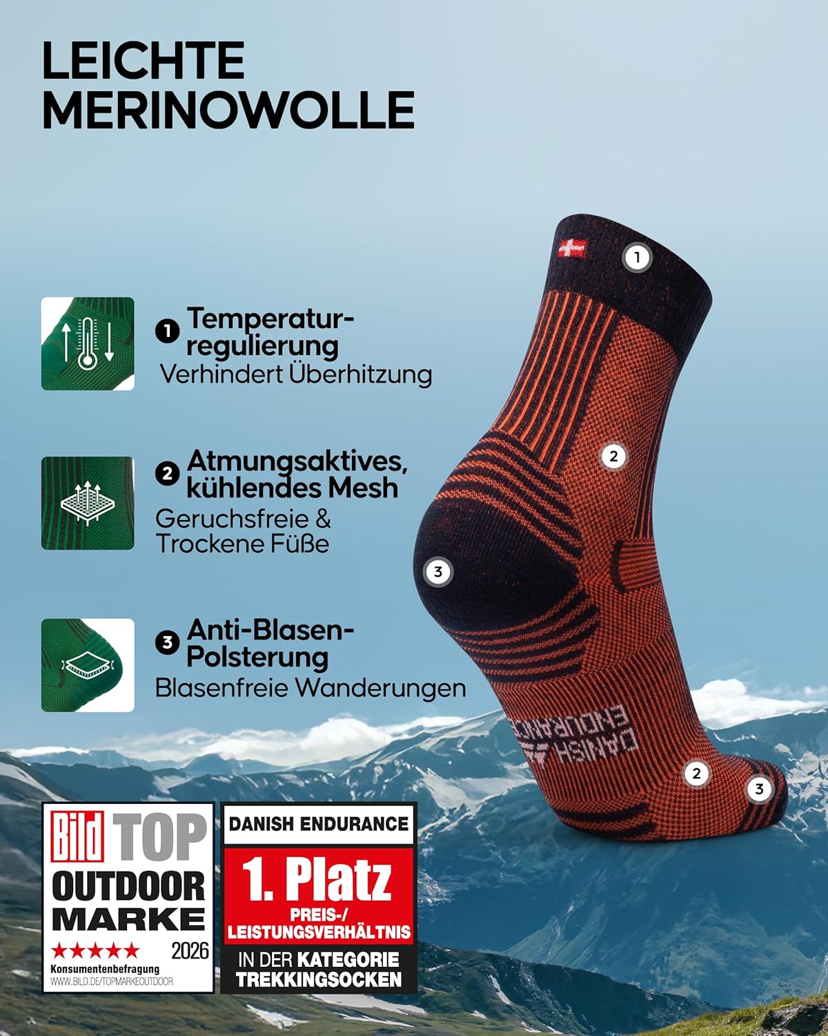 Detalle 2 de DANISH ENDURANCE Merino-Wandersocken 5 Paar