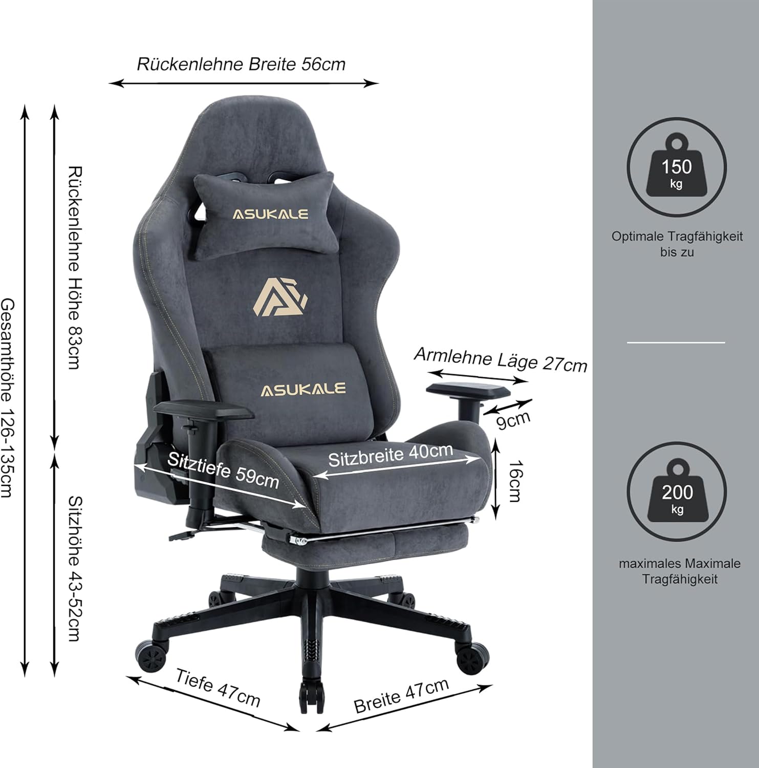 Detalle 2 de Asukale Gaming Stuhl mit atmungsaktivem Stoff, verstellbarer Rückenlehne (90–150°) und Fußstütze – grau