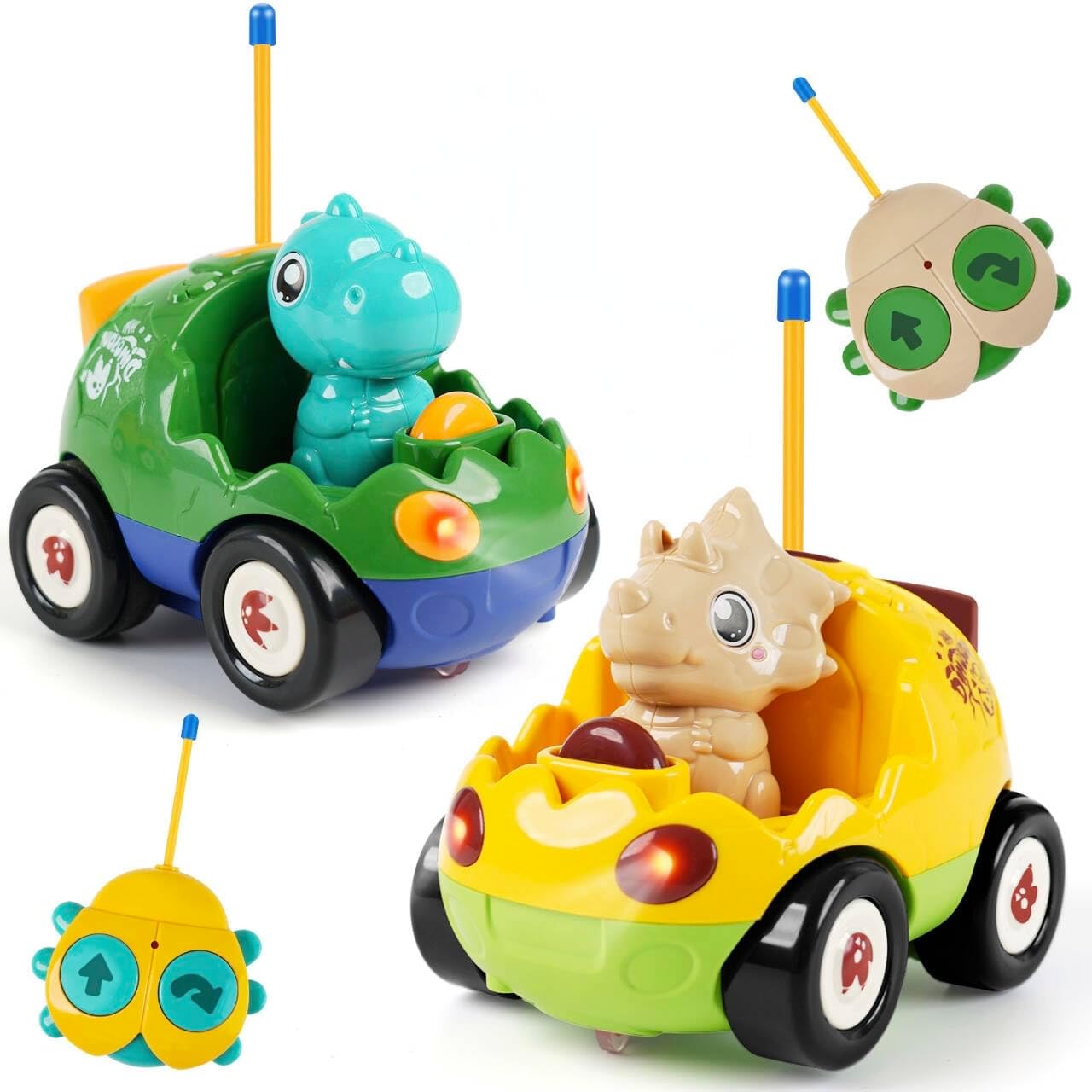 QPOU 2-Pack Remote Control Dinosaur Toy Car Set (with Lights & Music) for Kids 18+ Months