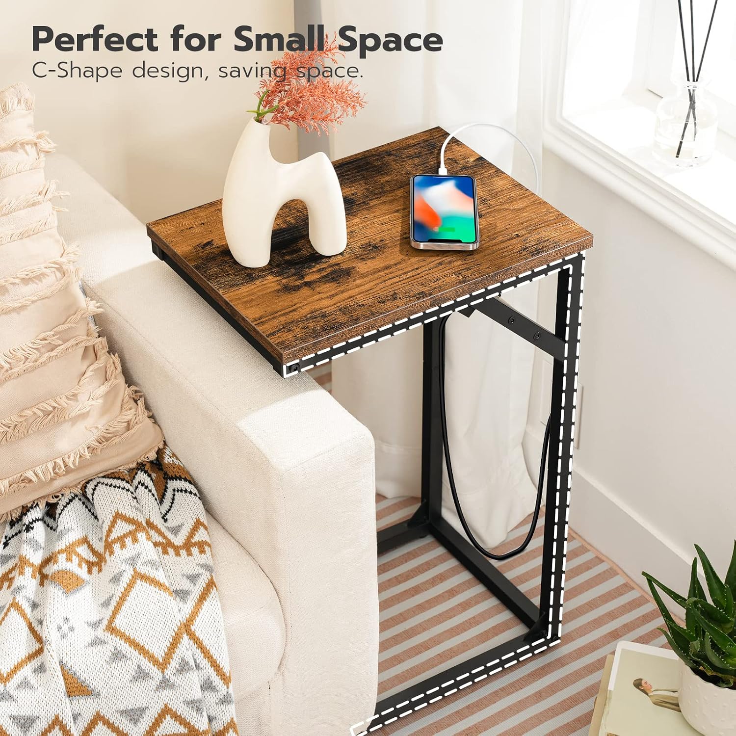 Thumbnail 6 de HOOBRO C Shaped Side Table with Charging Station (EBF07KSF01) – Rustic Brown & Black