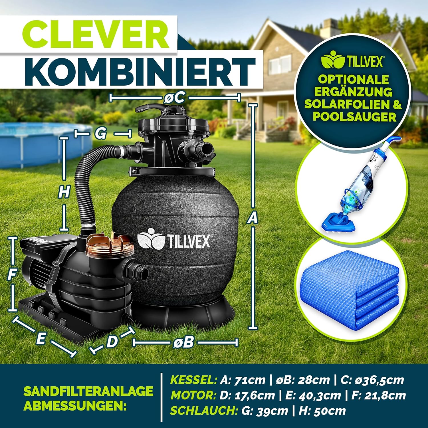 Thumbnail 1 de tillvex® Sandfilteranlage Pool 13.200 L/h bis 40.000 L mit 7-Wege-Ventil & 2in1 Adapter (Schwarz)