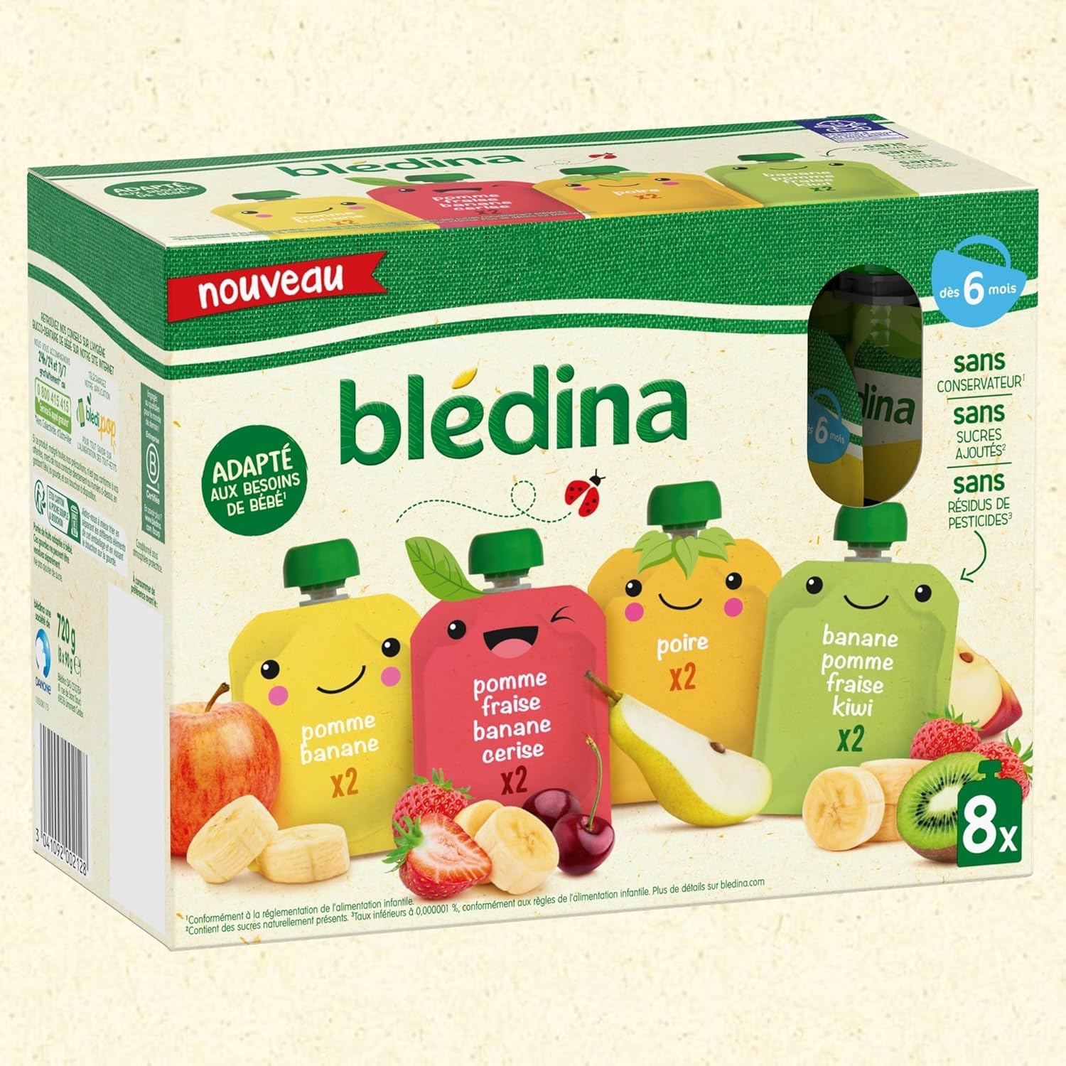 Detalle 2 de BLÉDINA Gourdes de Purées de Fruits Bébé – 32 x 90 g (6 mois et +) : Pommes, Poires, Fraises, Cerises, Banane & Kiwi