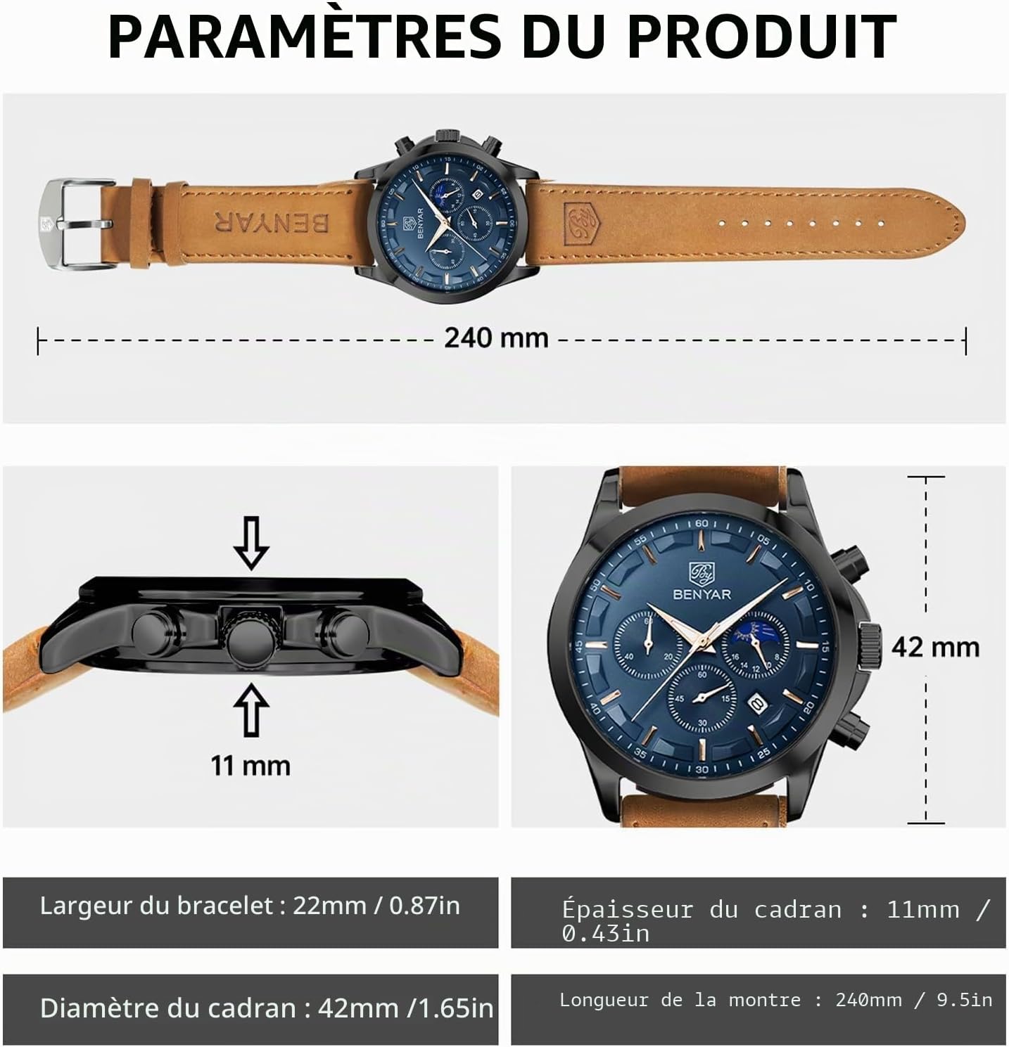 Thumbnail 6 de BENYAR by Montre Homme Chronographe Étanche Grand Cadran Quartz