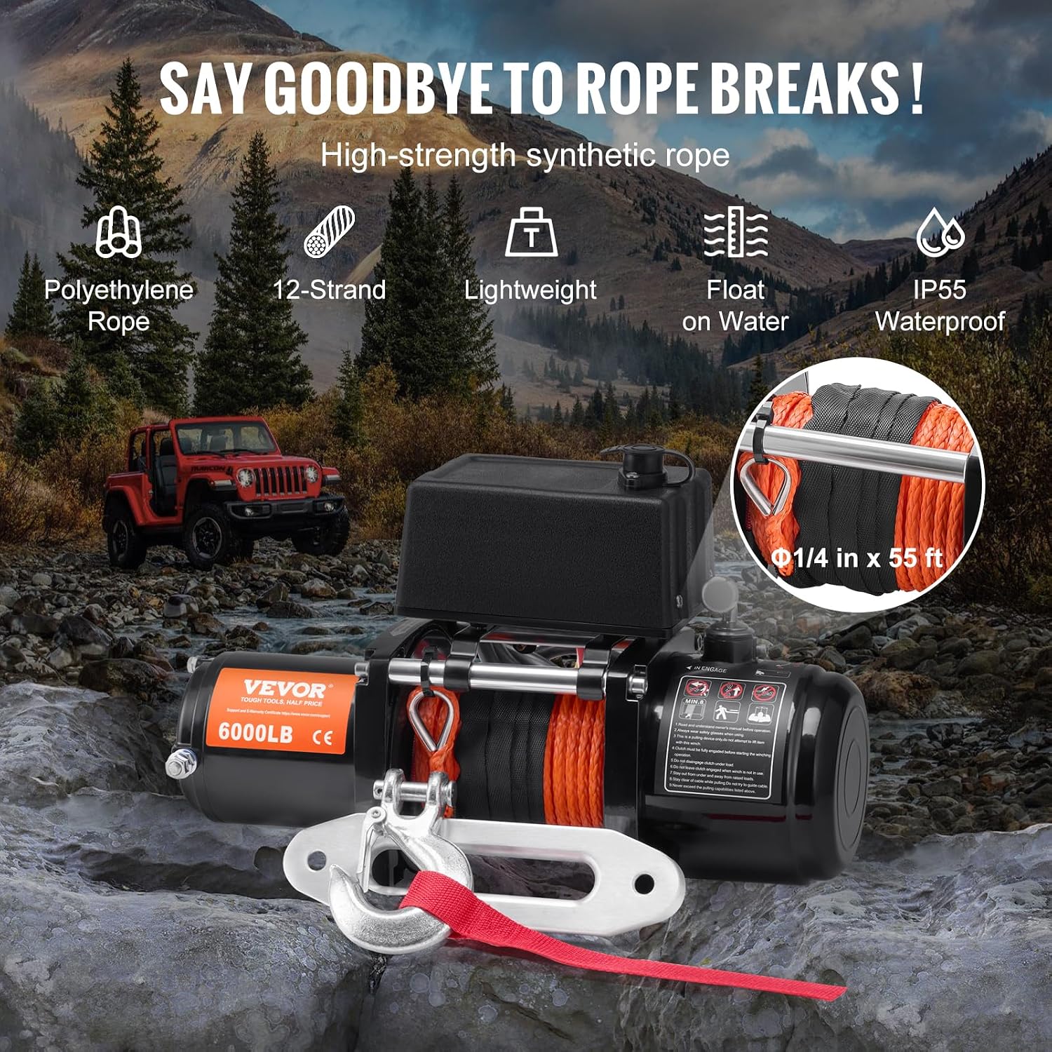 Detalle de VEVOR Electric Winch 6000 lb: 12V DC, Synthetic Rope, Wireless & Wired Remote