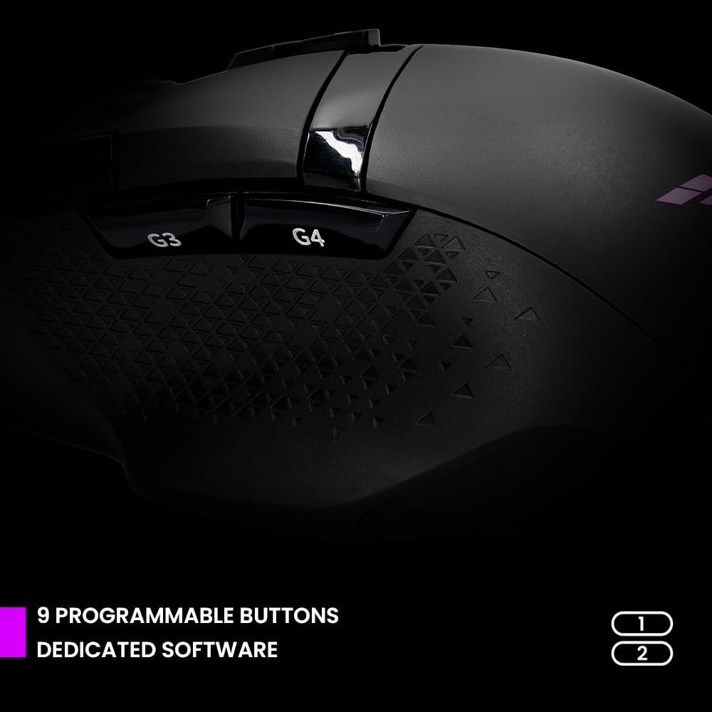 Detalle 1 de PREYON Falcon Kabelgebundene Gaming-Maus mit RGB-Hintergrundbeleuchtung, PAW 3327 Sensor, 12400 DPI und 9 programmierbaren Tasten