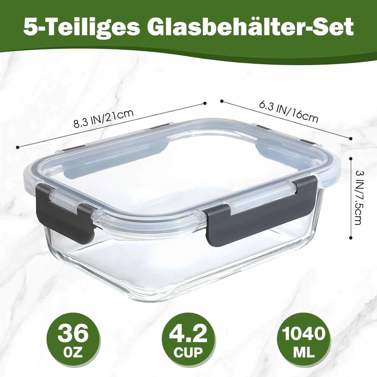 Thumbnail 1 de YASHE 5‑teiliges Glasbehälter-Set 1040 ml mit Deckel – stapelbar, luftdicht, BPA-frei, mikrowellengeeignet
