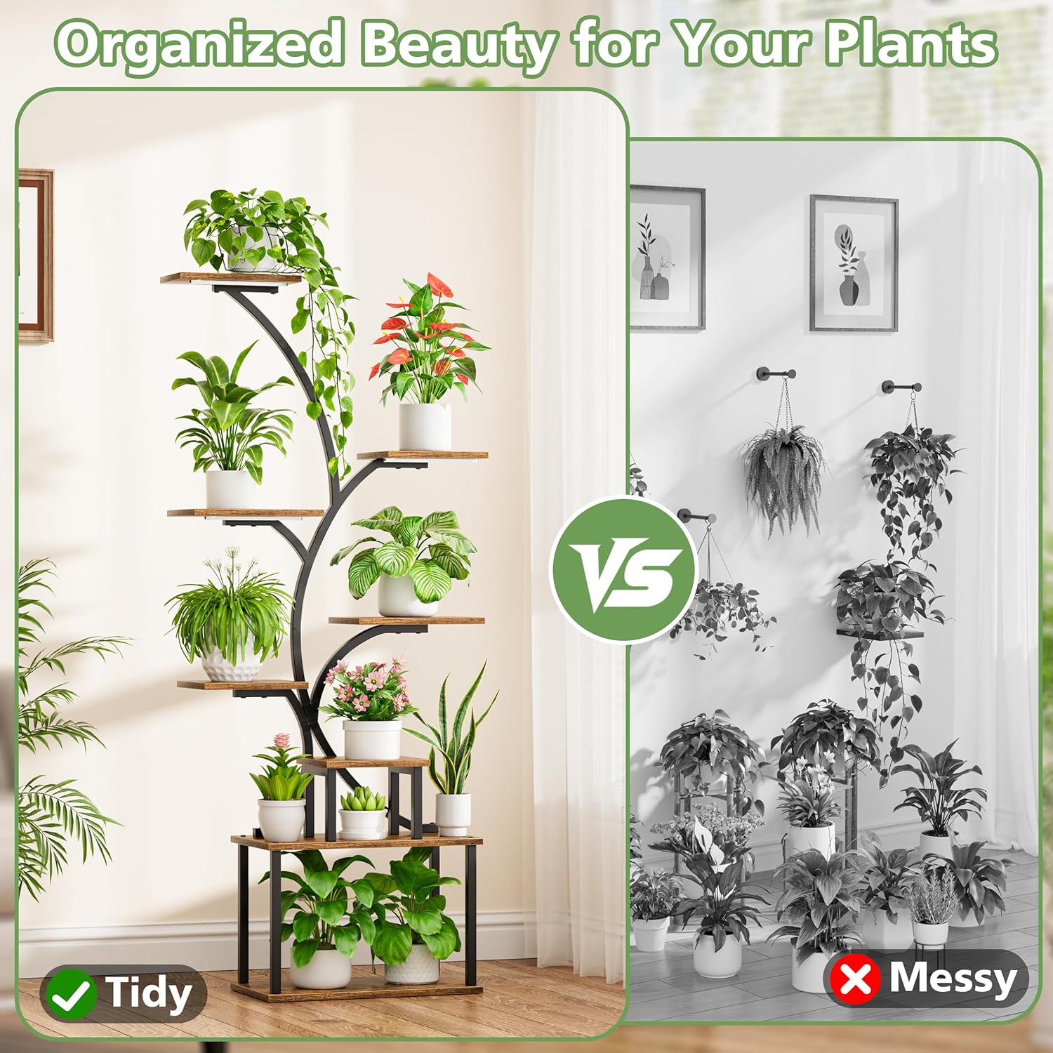 Detalle de POZILAN 8-tier tall plant stand with grow light – metal plant shelf rack for indoor and patio use