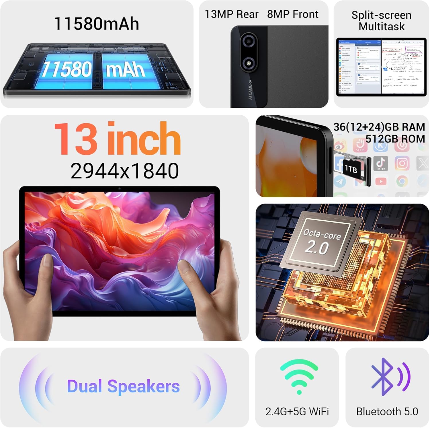 Thumbnail 1 de BEYNIVAN Tablet13 Pollici Android 15 con 4G/5G, 36GB RAM+512GB ROM, Espansione microSD, 13MP+8MP, Gemini AI e Tastiera incluse