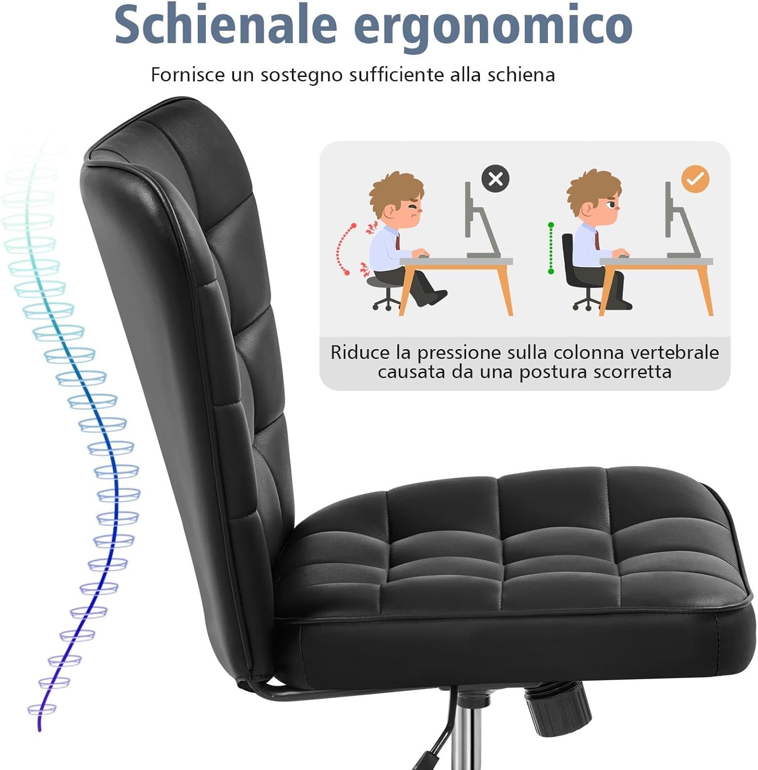 Thumbnail 6 de Yaheetech Srivania sedia ufficio ergonomica senza braccioli in ecopelle imbottita, girevole 360° e funzione dondolo, altezza regolabile fino a 136 kg