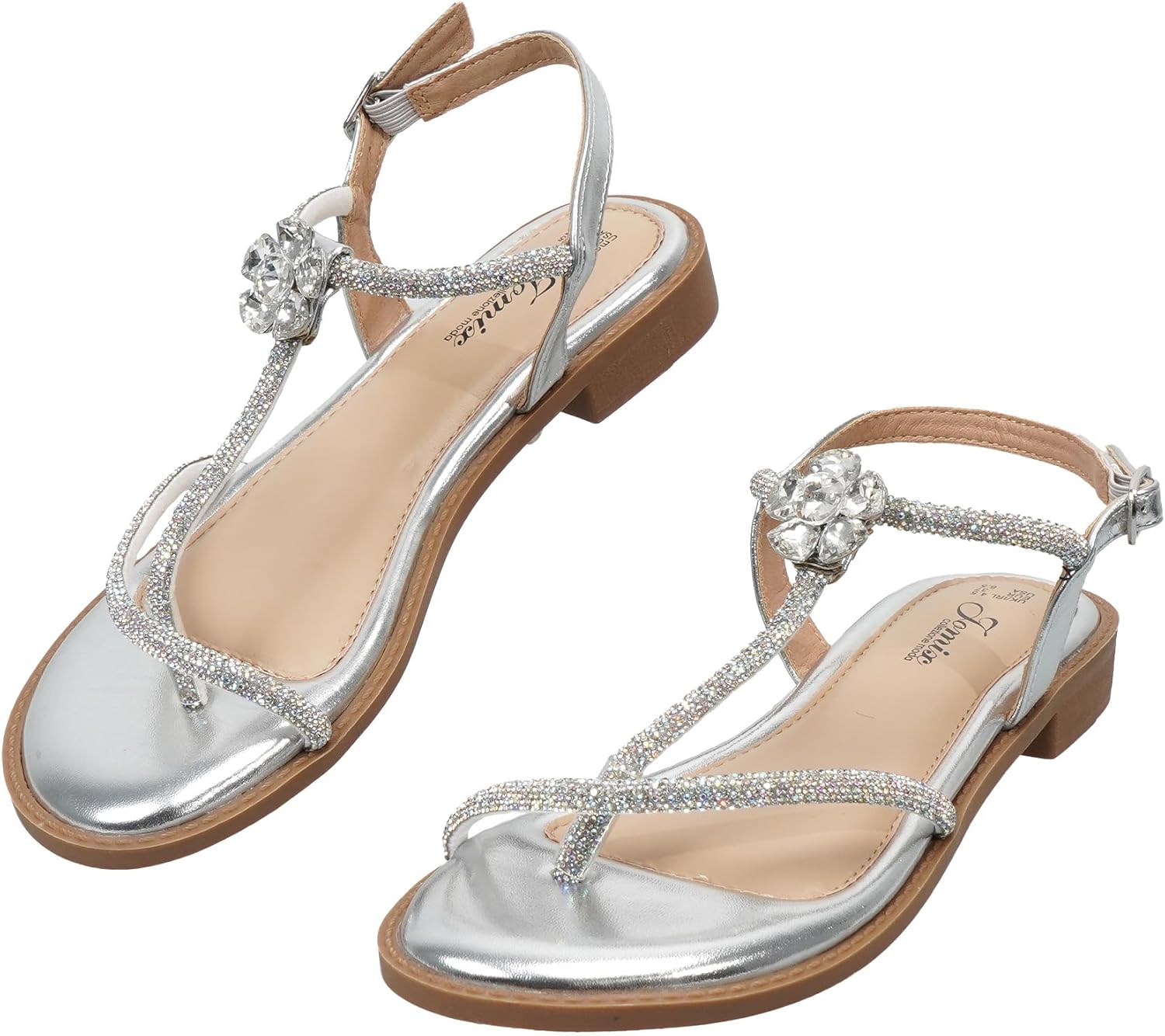 Detalle de JOMIX Sandali Donna Piatti con Strass e Fiore, Fibbia Regolabile, Tacco Basso Quadrato – Eleganza confortevole per estate