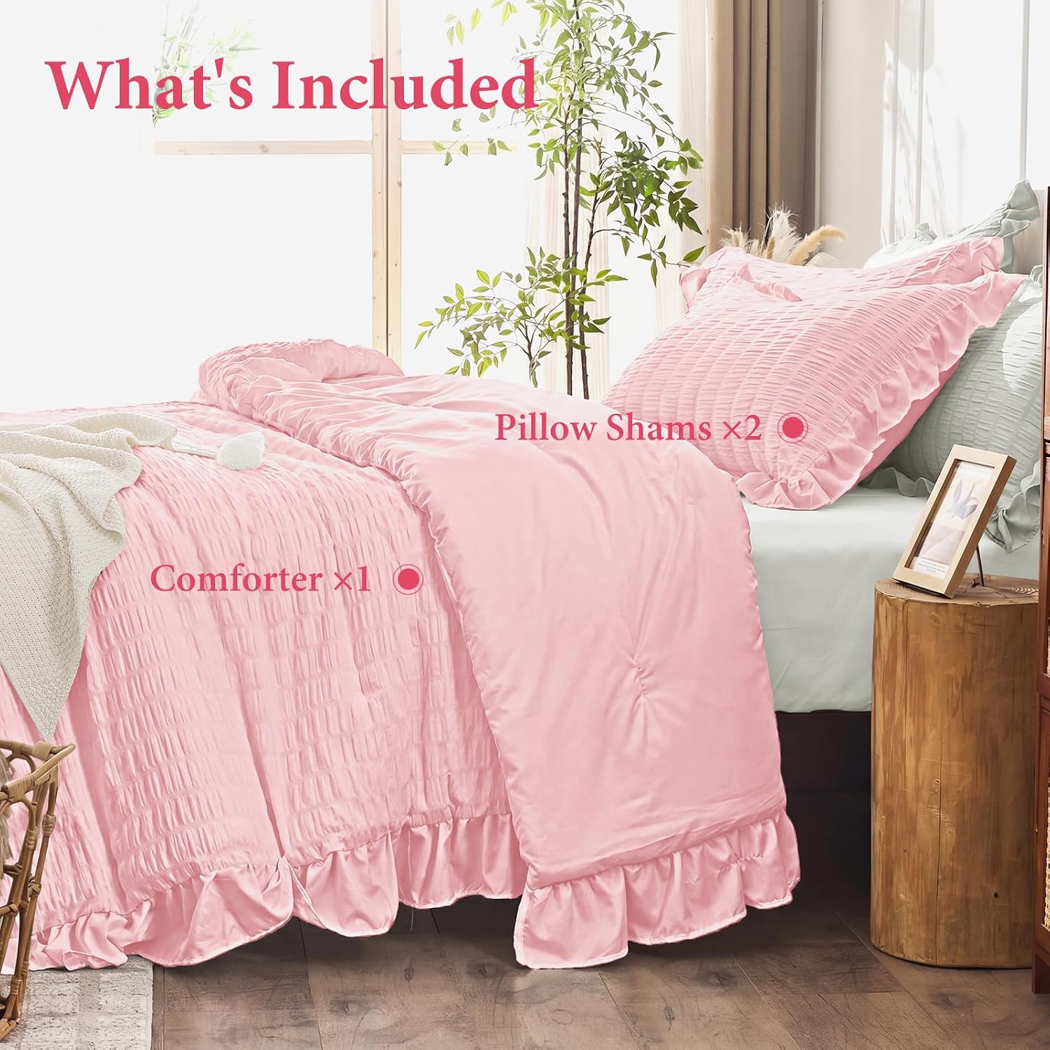 Detalle de JOLLYVOGUE Pink Seersucker Queen Comforter Set, 3 Pieces – Lightweight All-Season With Ruffle Details