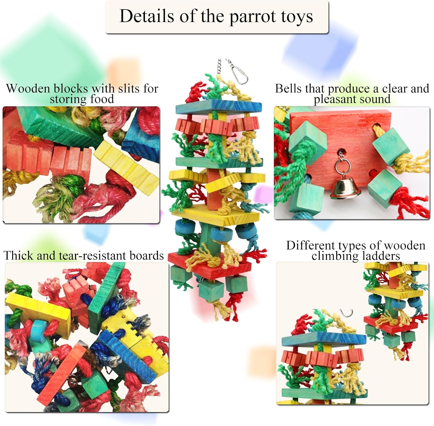 Thumbnail 3 de MQUPIN Chewing Large Parrot Toys: Multicoloured Wooden Block Toy for Cockatoos, African Grey, Macaws & Amazons (21.3" x 5.1")