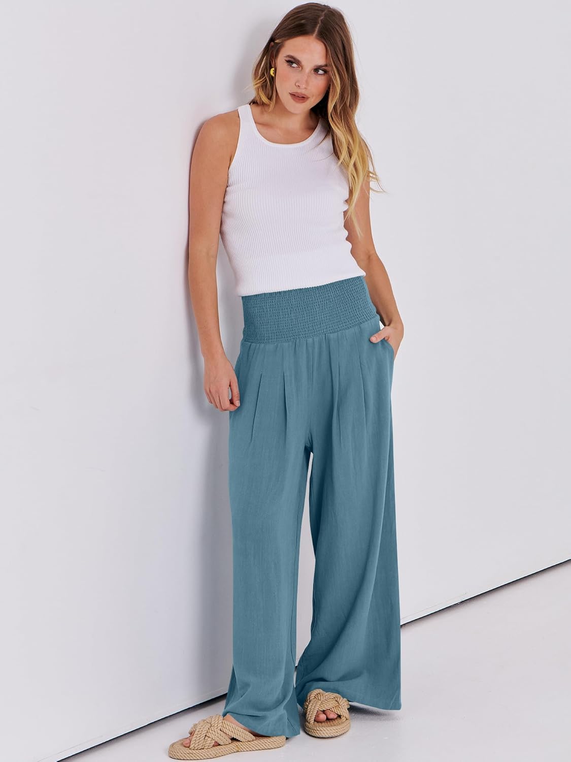 Thumbnail 2 de ANRABESS Women’s Linen Palazzo Pants (Smocked High Waist, Wide-Leg, Pockets) for Summer Beach & Travel