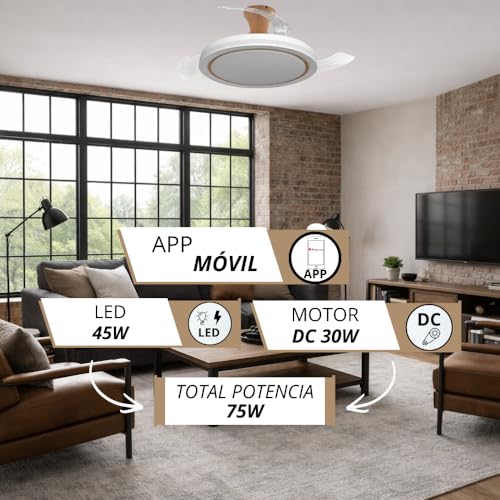 Detalle 2 de NARVI CRETA 8938 WDN: Ventilador de Techo Blanco y Madera Haya Ø107 cm con Luz LED Regulable y Control por Mando