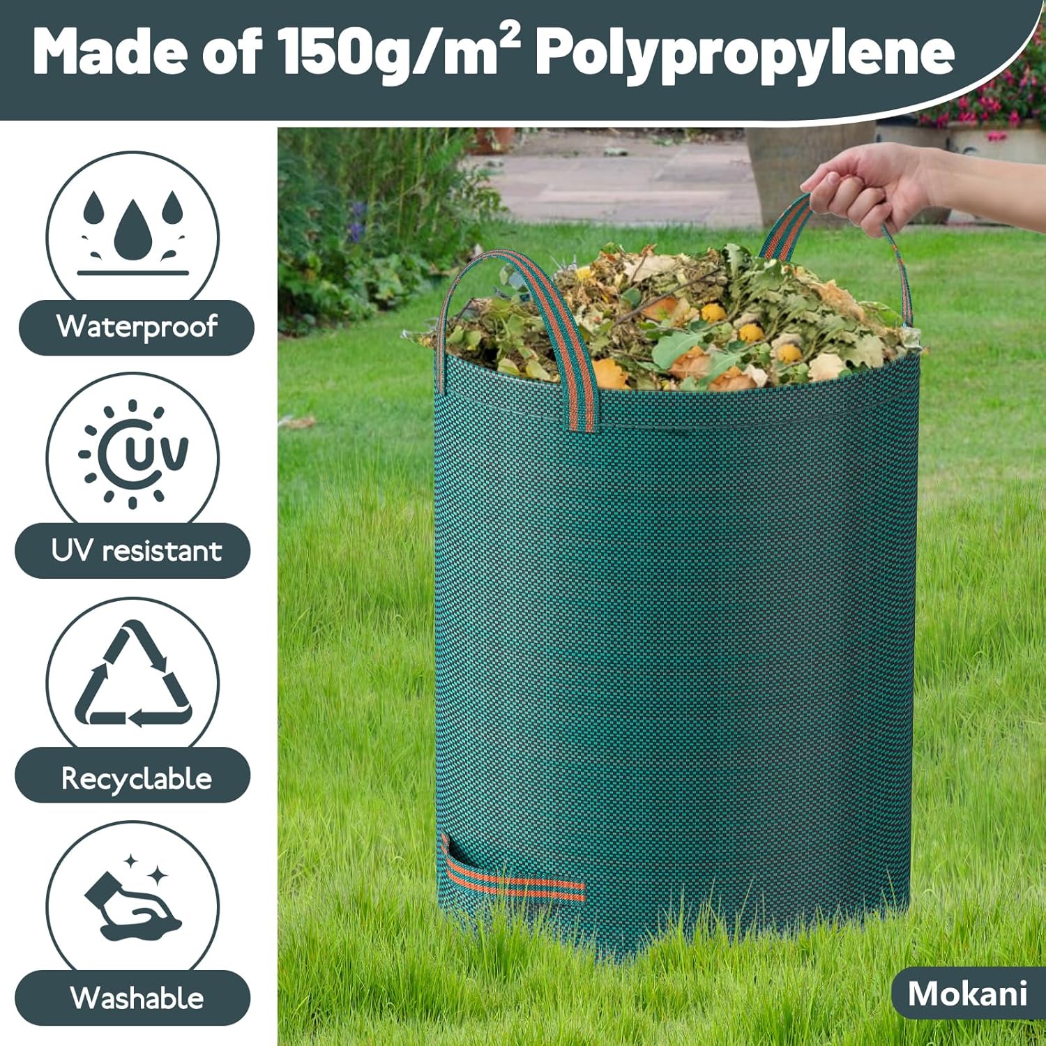 Detalle de Mokani sacchetti per rifiuti da giardino da 120 l (con manici) – 3 sacchi riutilizzabili e pieghevoli