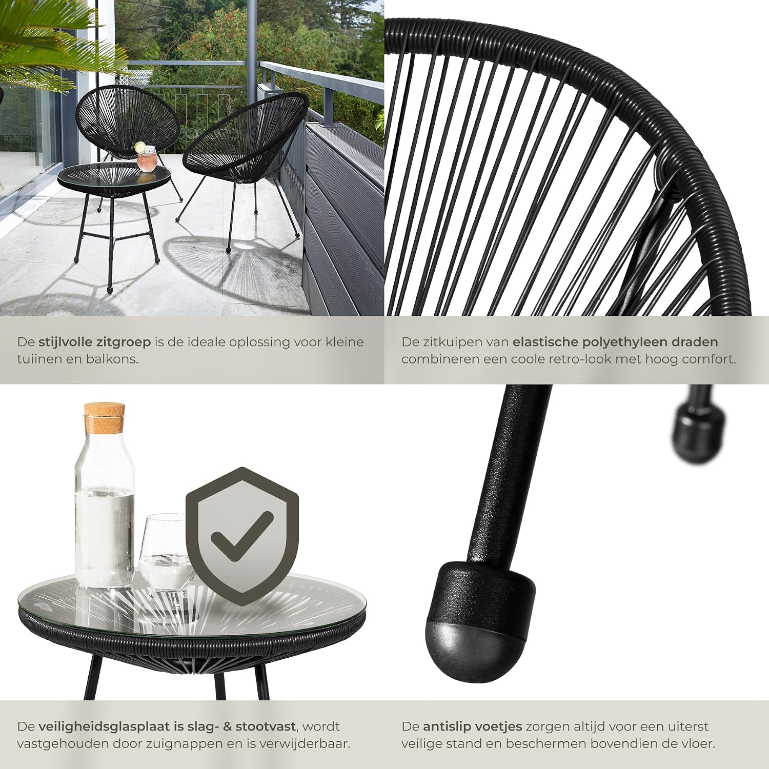 Detalle 1 de tectake 404410 Santana bistroset met 2 Acapulco-stoelen en tafel, zwart