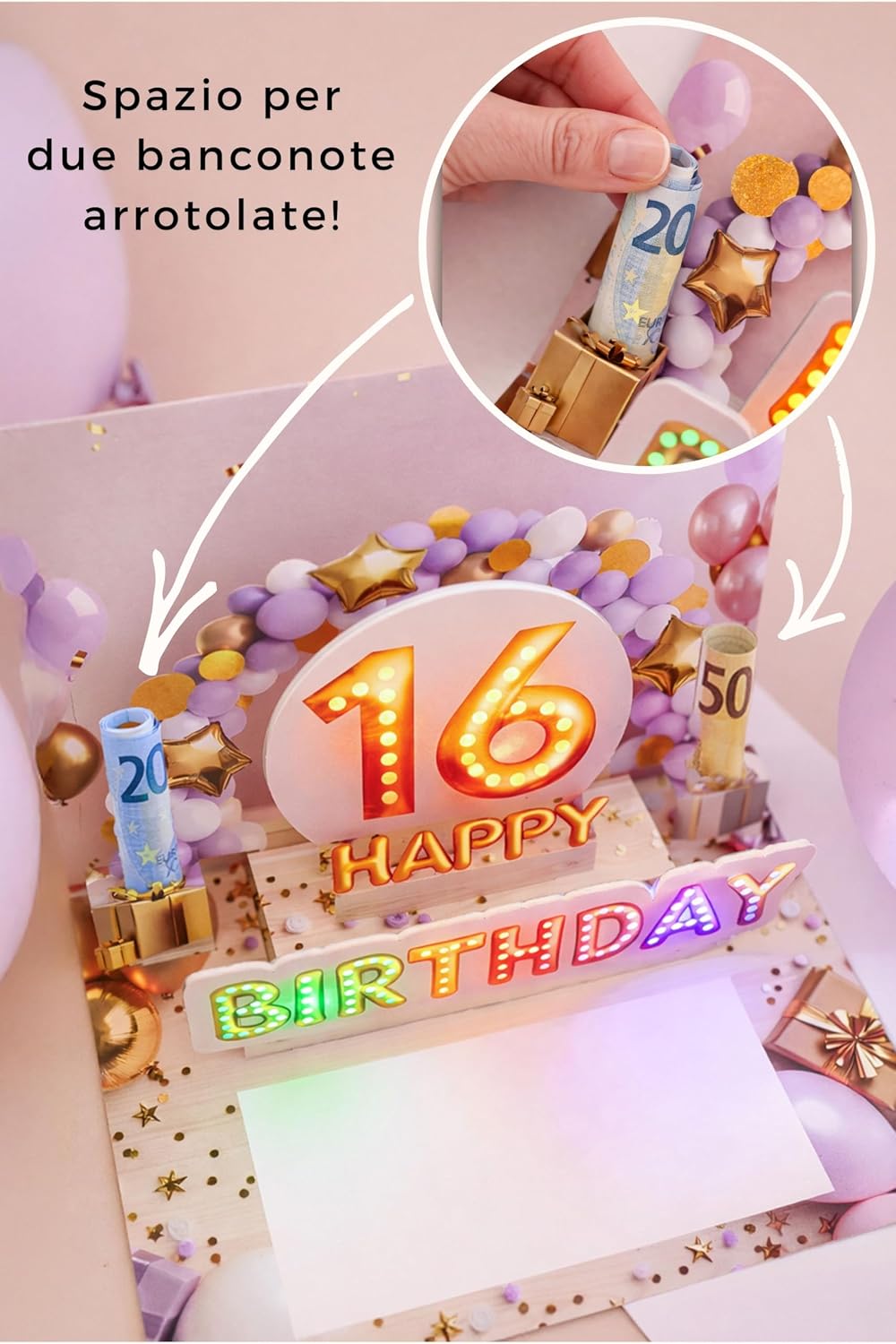 Detalle de Joli Coon Biglietto Auguri 16 Anni Ragazza – biglietto 3D pop up con musica e luce, busta e sigillo