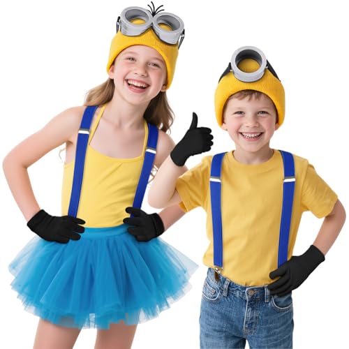 Thumbnail 4 de DiULi Kit de Accesorios de Disfraz 4 en 1 para Niños (Dos Ojos): Gafas Steampunk, Sombrero Amarillo, Guantes Negros y Tirantes Azules