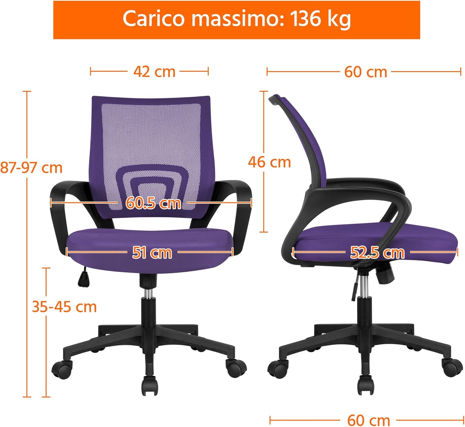 Detalle de Yaheetech Sedia da Ufficio Ergonomica a Rotelle con Schienale in Rete, Braccioli e Altezza Regolabile – Viola