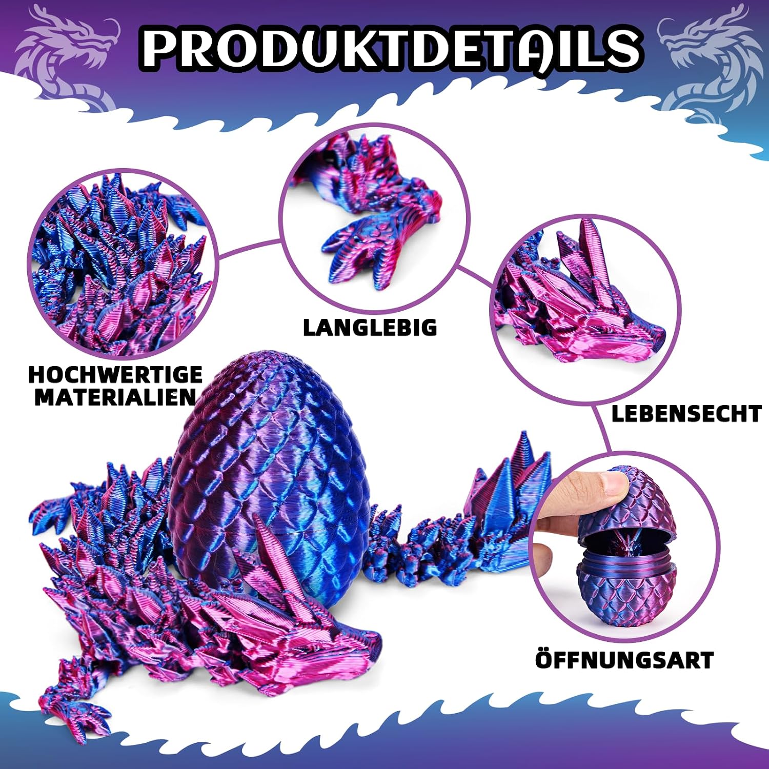 Detalle de zhancydeal 4er Set 3D Drachenei mit Drache – bewegliche 13 cm Drachenfiguren aus PLA (7 cm Eierschale) für Kinder ab 5–9 Jahren
