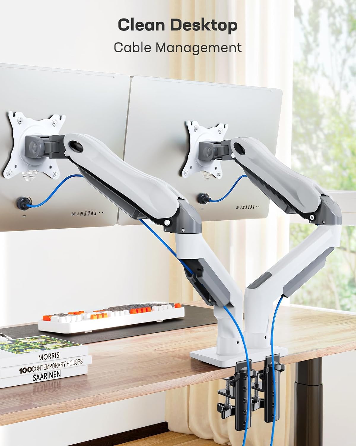 Detalle de HUANUO Monitorhalterung für 2 Monitore (13–32 Zoll) – VESA 75/100, 360° Drehung, kabelorganisiert, Weiß