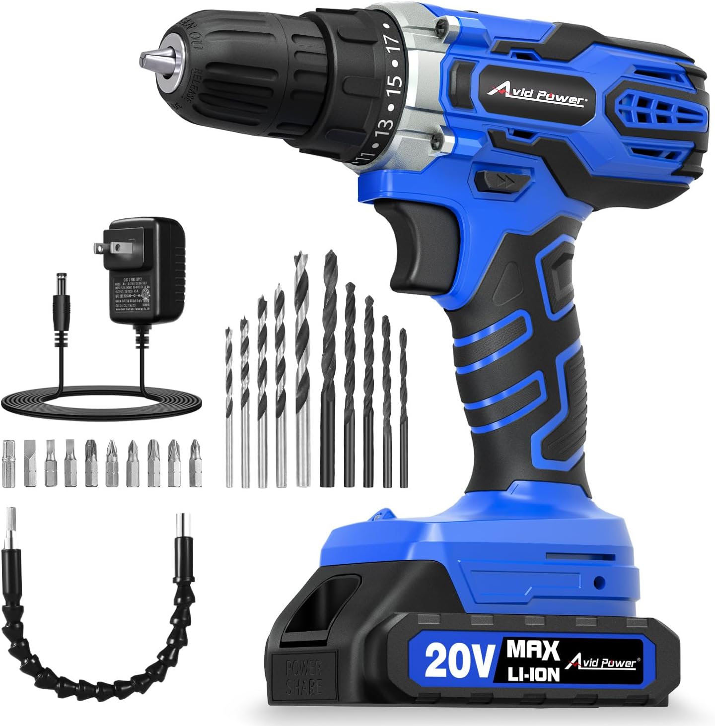 Detalle de AVID POWER 20V Cordless Drill Set, 2-Speed, 3/8-Inch Keyless Chuck