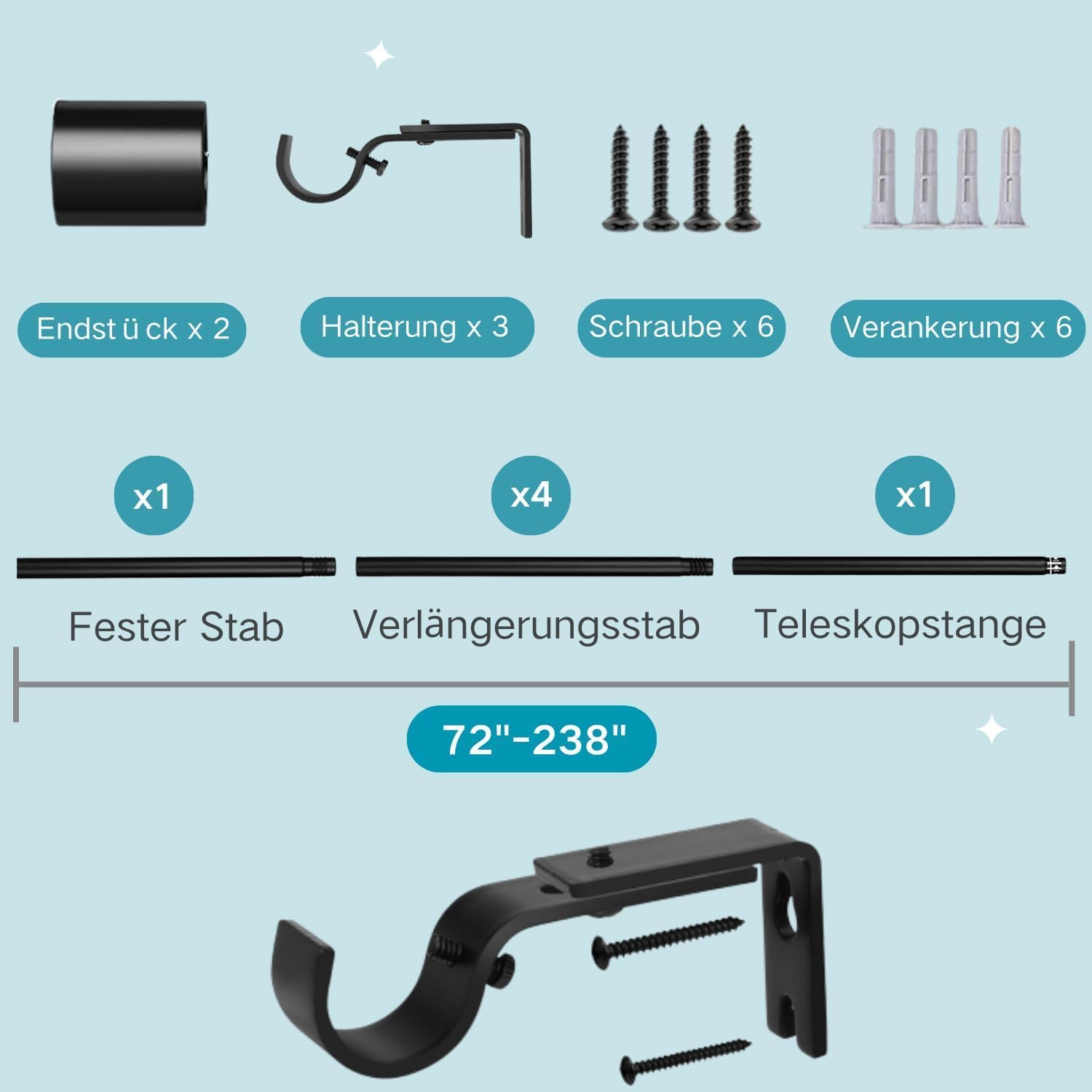 Thumbnail 4 de Asta telescopica per tende Aiitomg Ø25mm, 84–190 cm, bianco, con staffe robuste