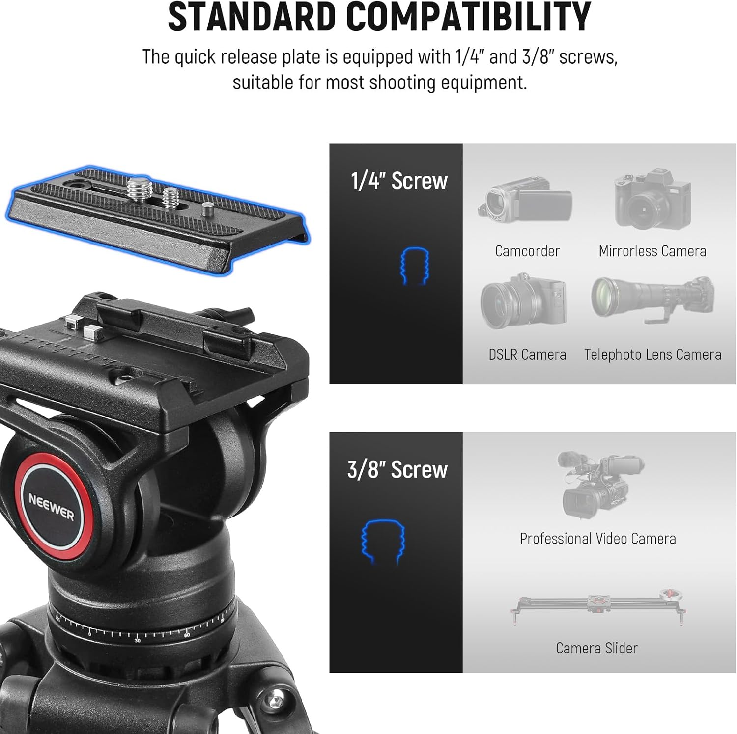 Detalle de NEEWER 74" Video Tripod with Fluid Head & Damping Control (TP74) – Heavy-Duty Aluminium Stance for DSLR & Camcorders