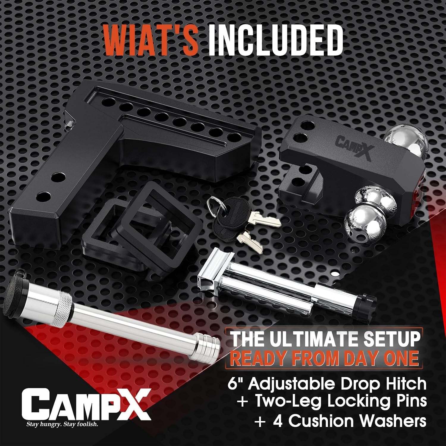 Detalle de CAMPX Adjustable Trailer Hitch for 2.5-inch Receivers (6" Drop/Rise) with Dual 2" and 2-5/16" Solid Balls