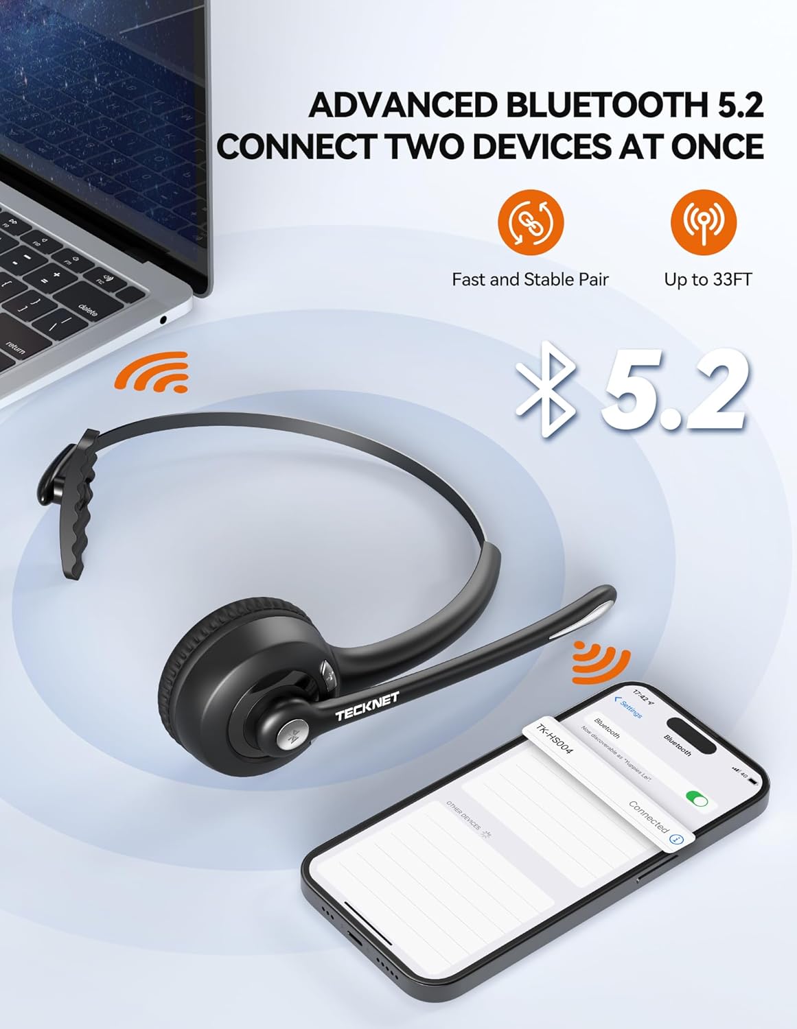 Detalle 2 de TECKNET Bluetooth Headset, 20 Stunden Gesprächszeit
