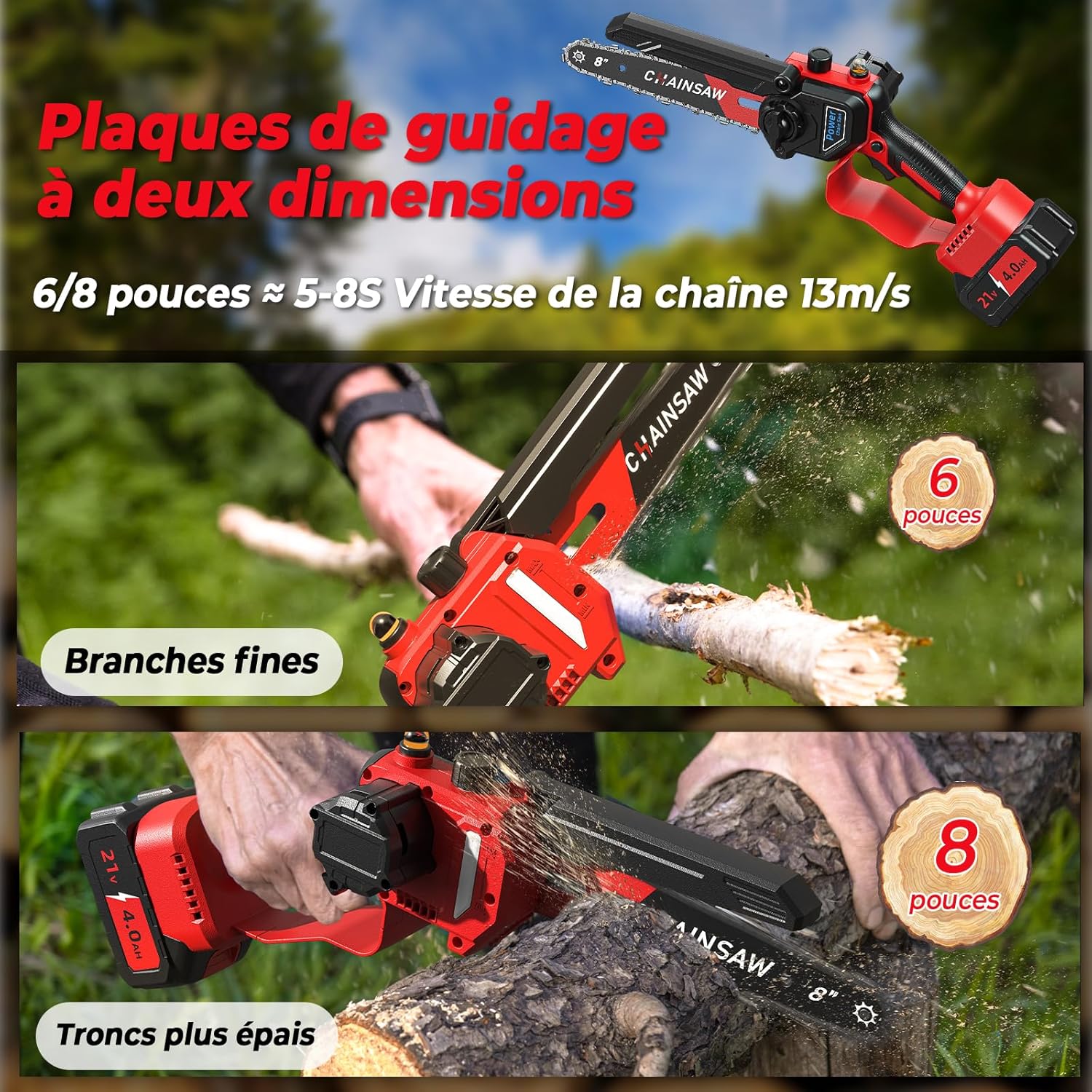 Thumbnail 2 de Mini tronçonneuse à batterie 6/8 pouces 1300 W brushless, 2×4000 mAh compatible Makita 18 V