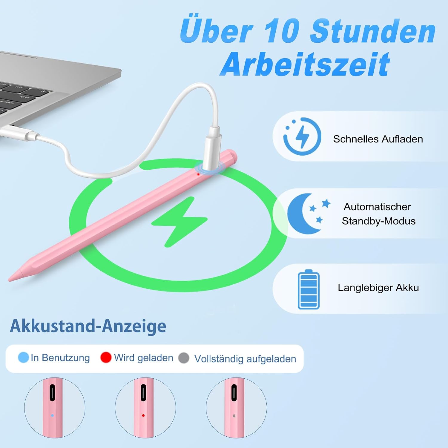 Detalle 2 de BLEBLE Stylus Pen für iPad (2018–2025) mit Schnellladung und Handflächenerkennung – passend für iPad 11/10/9/8/7/6, Air, Pro und mini (Rosa)
