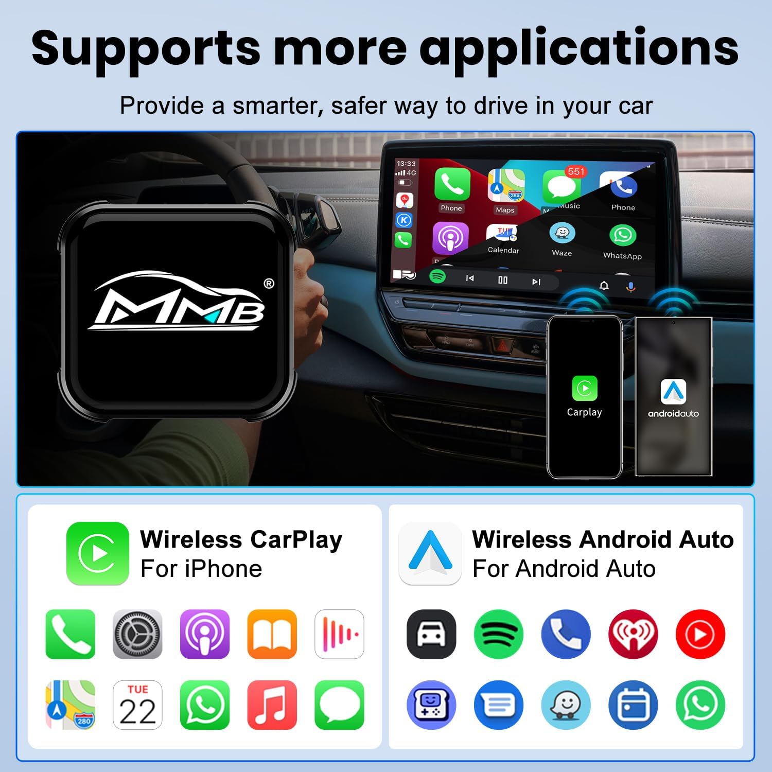 Detalle de MMB CP-Ultra 2026 Wireless CarPlay Adapter (Wi‑Fi 6 + Bluetooth 5.4, Plug & Play)