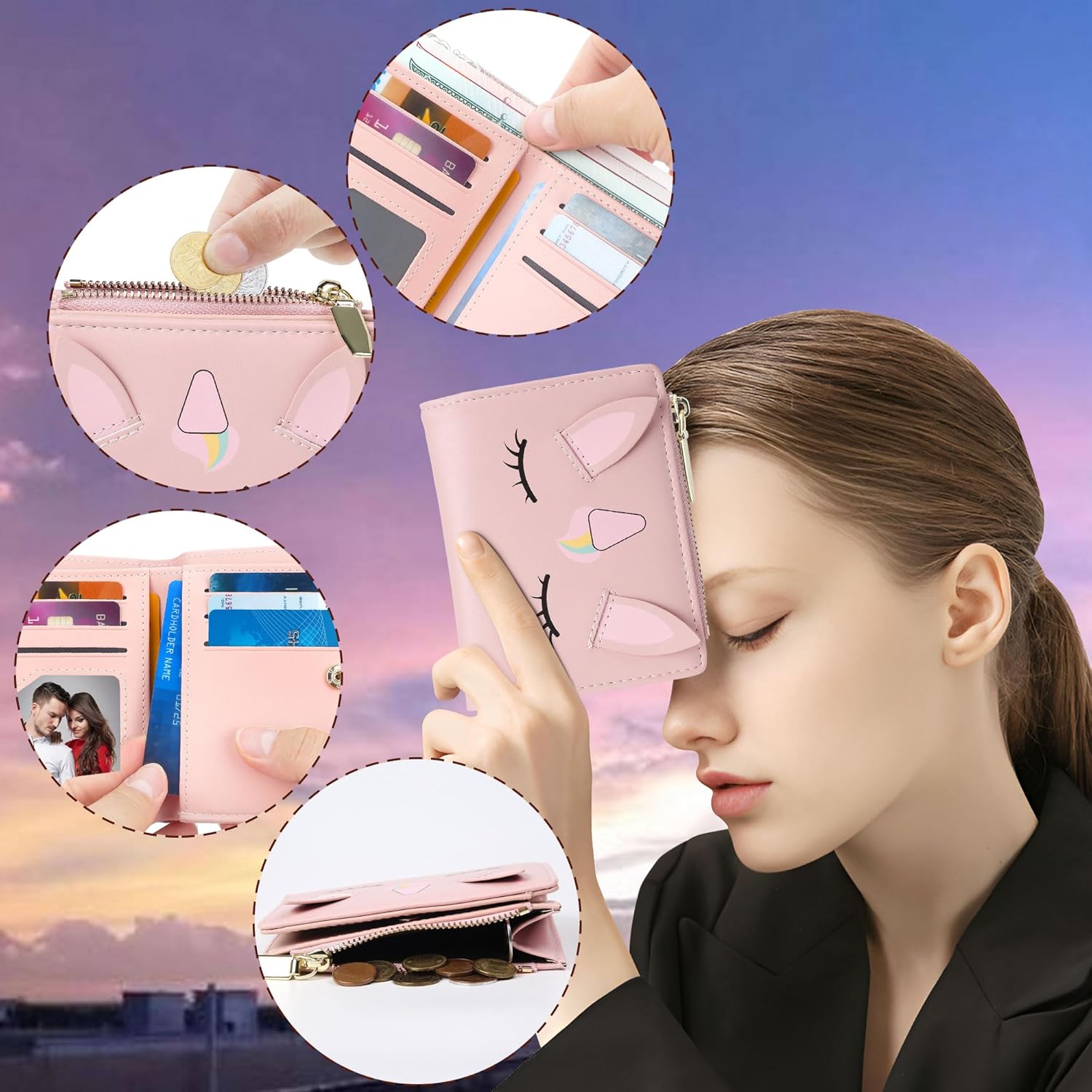 Thumbnail 5 de SNCCJ Cute Wallets for Women Bifold RFID Blocking Wallet with Zipper Coin Pocket (Unicorn Pink)