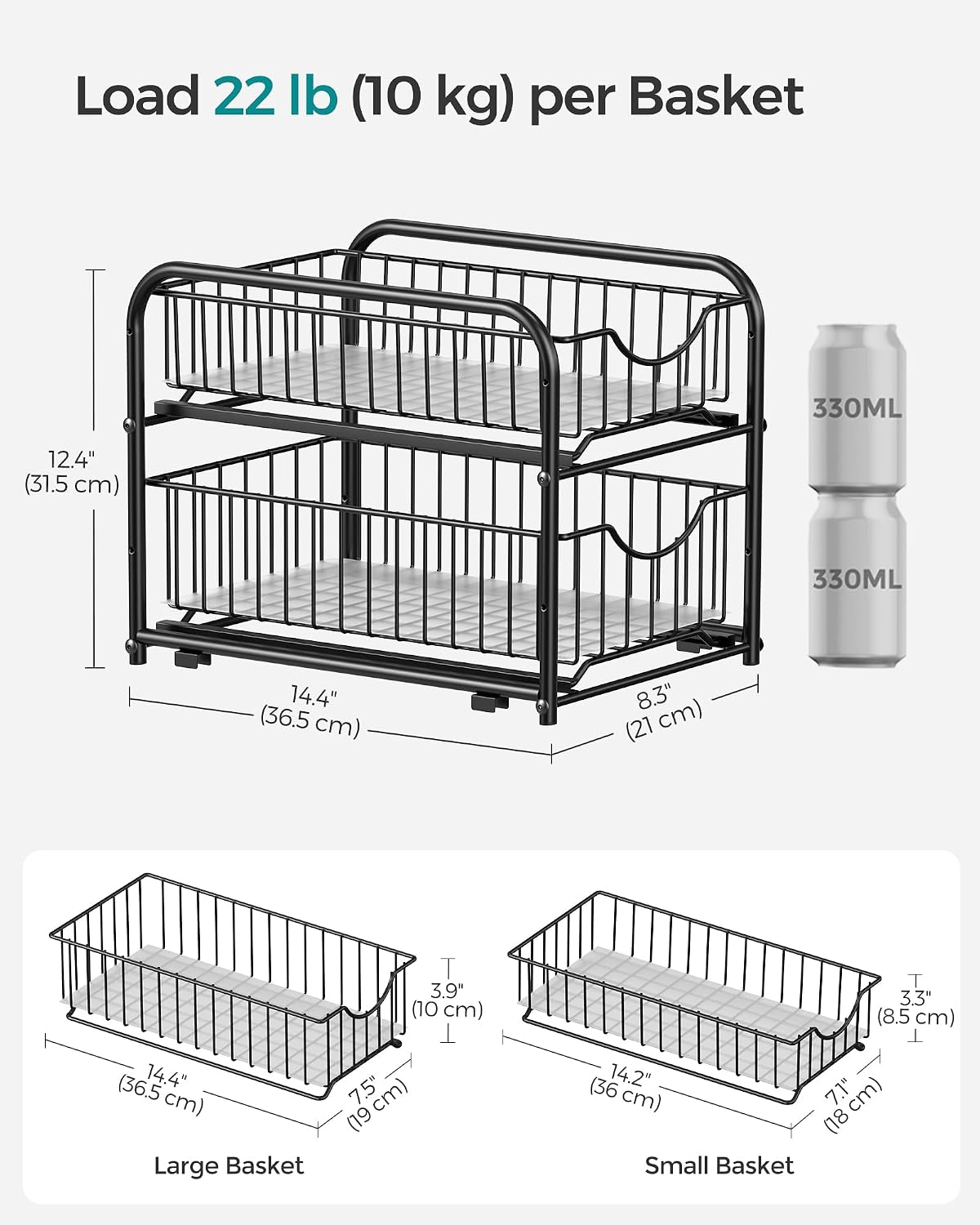 Detalle de SONGMICS UKCS017B01 Pull-Out Cabinet Organizer, 2-Tier Adjustable Steel Baskets, Ink Black